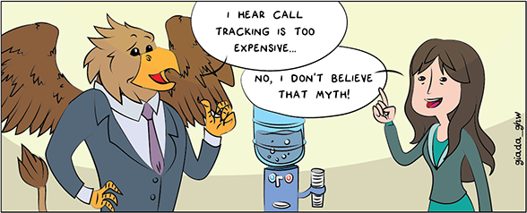 Cartoon griffin business person talking about call tracking myths