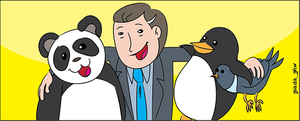 Google updates cartoon, a man hugging a panda, penguin and pigeon