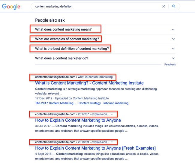 Content marketing search results.