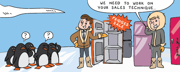 cartoon of fridge salesman selling to confused penguins