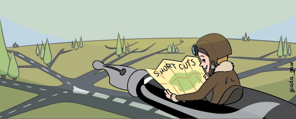 cartoon of a man flying a fountain pen looking happily at a map with shortcuts