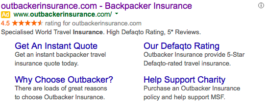 backpacker insurance paid ad in Google search results
