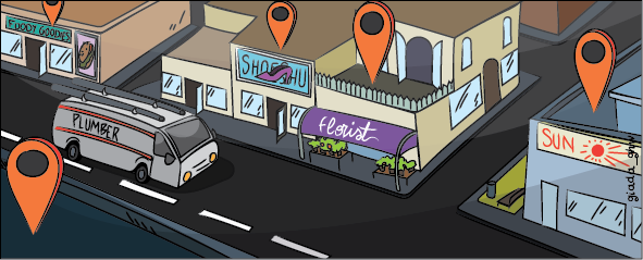 Cartoon of local businesses with orange markers above them