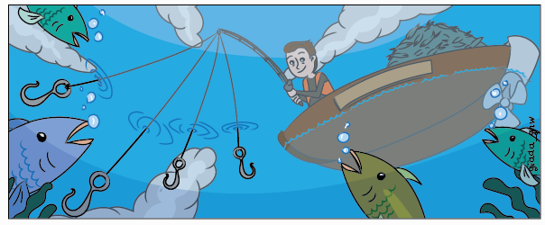 Cartoon of a man fishing with a big mountain of fish in his boat