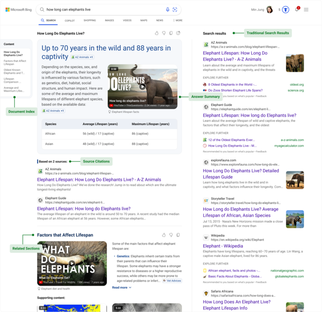 Bing generative search results page.