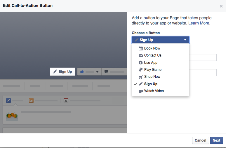 facebook custom call to action